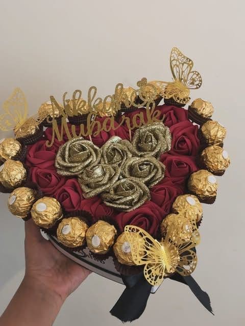 Heart box of roses and chocolates with a Nikkah Mubarak topper