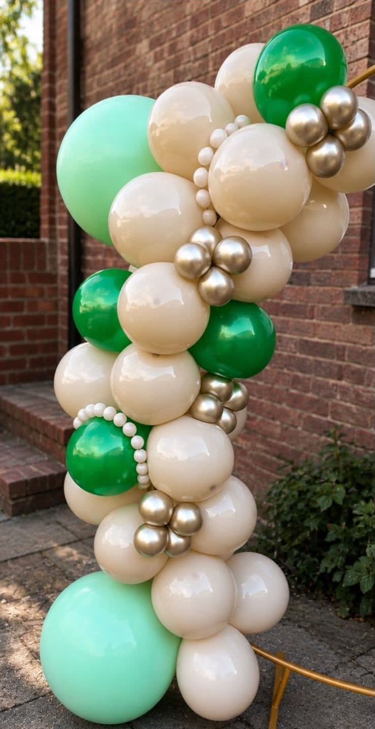 A tall balloon column in cream, green and chrome gold with strings of pearls, against a brick wall